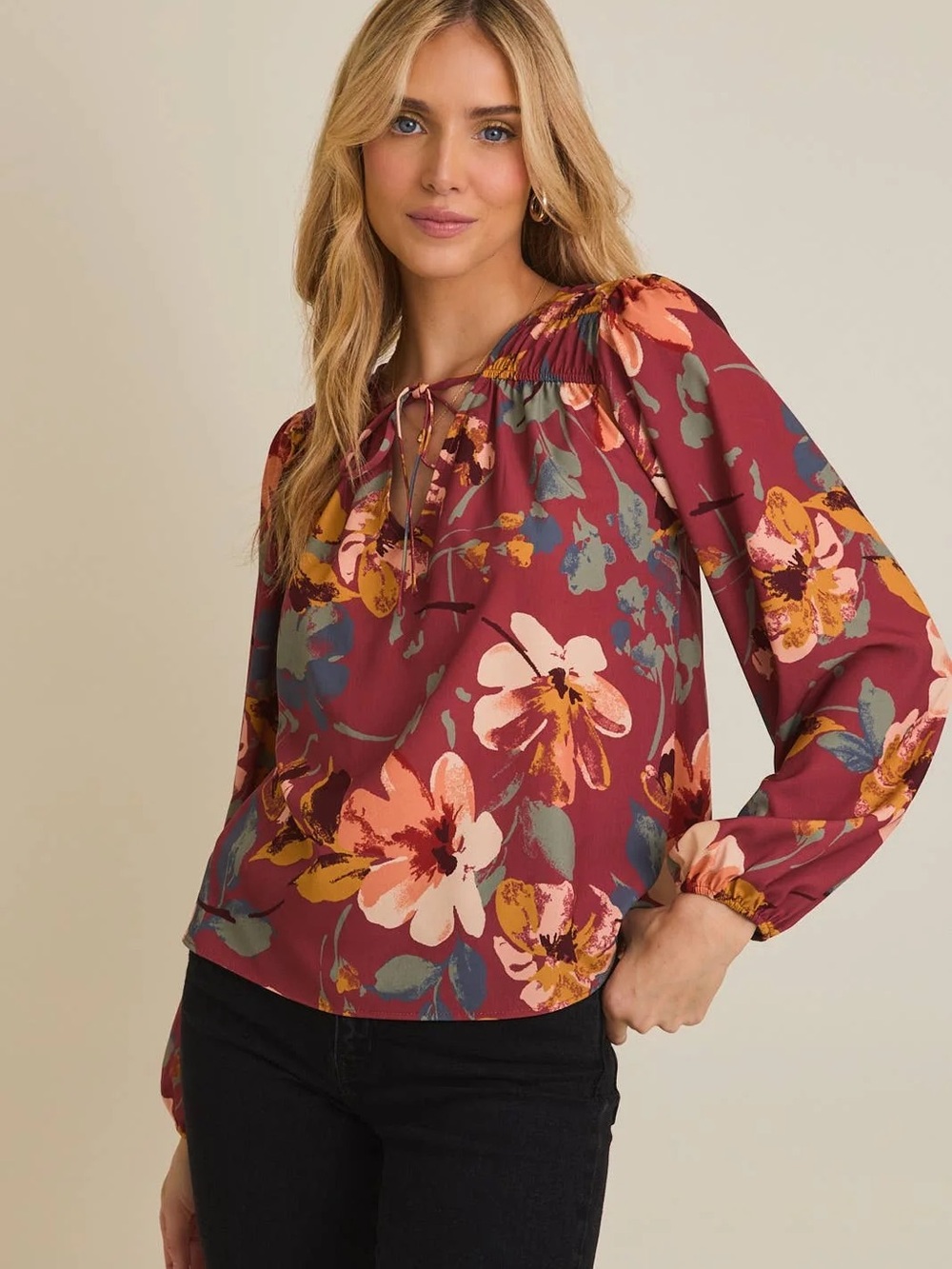 NWT Floral Tie-Neck Long-Sleeve Blouse - Burgundy/Rust Floral